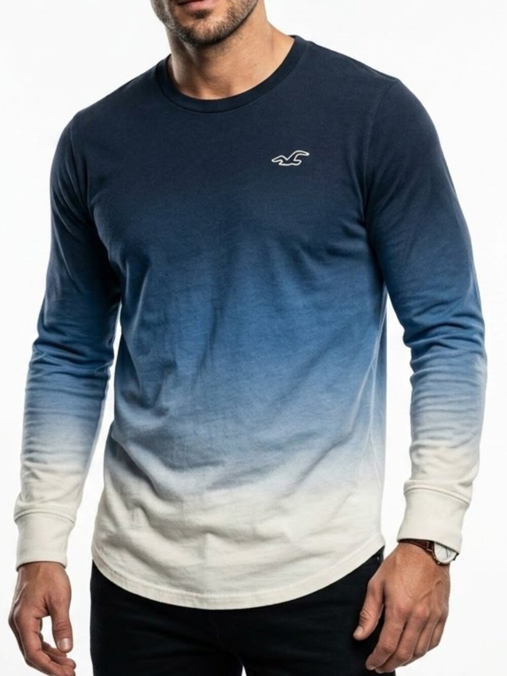 Hollister Surf Grunge Ombre Dip Dye Curved Hem Long Sleeve Tee Blue White XS